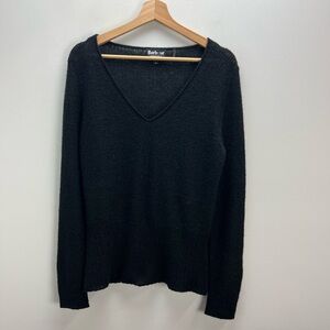 Barbour Sweater Mohair Blend Leather Trim Black V Neck Womens UK 16 US 12 Large